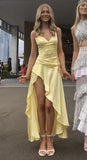 Elegant High Low Spaghetti Straps Yellow Satin Long Prom Dresses Party Dress Summer 20th Birthday Outfits 18th Birthday Dresses HZ1214