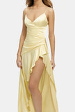 Elegant High Low Spaghetti Straps Yellow Satin Long Prom Dresses Party Dress Summer 20th Birthday Outfits 18th Birthday Dresses HZ1214