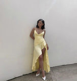 Elegant High Low Spaghetti Straps Yellow Satin Long Prom Dresses Party Dress Summer 20th Birthday Outfits 18th Birthday Dresses HZ1214