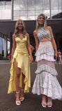 Elegant High Low Spaghetti Straps Yellow Satin Long Prom Dresses Party Dress Summer 20th Birthday Outfits 18th Birthday Dresses HZ1214