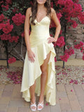 Elegant High Low Spaghetti Straps Yellow Satin Long Prom Dresses Party Dress Summer 20th Birthday Outfits 18th Birthday Dresses HZ1214