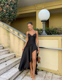 Elegant High Low Spaghetti Straps Black Satin Long Prom Dresses Party Dress Summer 20th Birthday Outfits 18th Birthday Dresses HZ1214