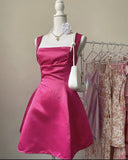 Cute A line Square Neck Hot Pink Satin Mini Short Formal 8th Grade Homecoming Dresses Summer Middle School Hoco Dress Homecoming Outfits 25 Birthday Dress HZ1214