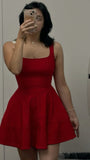 Cute A line Square Neck Red Satin Mini Short Formal 8th Grade Homecoming Dresses Summer Middle School Hoco Dress Homecoming Outfits 25 Birthday Dress HZ1214