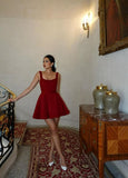 Cute A line Square Neck Burgundy Satin Mini Short Formal 8th Grade Homecoming Dresses Summer Middle School Hoco Dress Homecoming Outfits 25 Birthday Dress HZ1214