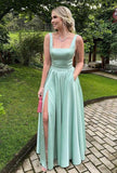 Elegant A line Square Neck Mint Green Satin Prom Dresses Party Dress Summer 20th Birthday Outfits 18th Birthday Dresses HZ1214