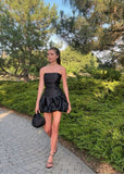 Cute Sheath Strapless Black Satin Mini Short Formal 8th Grade Homecoming Dresses Summer Middle School Hoco Dress Homecoming Outfits 25 Birthday Dress HZ1214