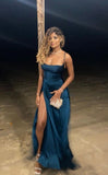 Elegant A line Spaghetti Straps Slit Navy Blue Prom Dresses Party Dress Summer 20th Birthday Outfits 18th Birthday Dresses HZ1214