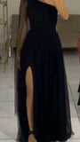 Elegant A line One Shoulder Black Slit Tulle Prom Dresses Party Dress Summer 20th Birthday Outfits 18th Birthday Dresses HZ1214
