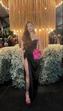 Elegant Mermaid Sweetheart Satin Black Slit Prom Dresses Party Dress Summer 20th Birthday Outfits 18th Birthday Dresses HZ1214