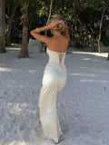 Elegant Mermaid Strapless Slit Satin Long Prom Dresses Party Dress Summer 20th Birthday Outfits 18th Birthday Dresses HZ1214