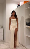 Elegant Mermaid Strapless Slit Satin Long Prom Dresses Party Dress Summer 20th Birthday Outfits 18th Birthday Dresses HZ1214