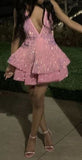 Pretty Ball Gown Halter Pink Sequin Short Formal 8th Grade Homecoming Dresses Summer Middle School Hoco Dress Homecoming Outfits HZ1214