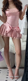 Pretty A line Square Neck Sleeveless Pink Satin Short Mini Feathers Formal 8th Grade Homecoming Dresses Summer Middle School Hoco Dress Homecoming Outfits HZ1214