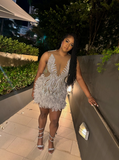 Pretty Sheath V Neck Sleeveless Silver Sequin Short Mini Feathers Formal 8th Grade Homecoming Dresses Summer Middle School Hoco Dress Homecoming Outfits HZ1214
