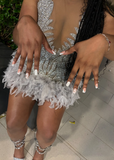 Pretty Sheath V Neck Sleeveless Silver Sequin Short Mini Feathers Formal 8th Grade Homecoming Dresses Summer Middle School Hoco Dress Homecoming Outfits HZ1214