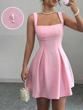 Pretty A line Square Neck Sleeveless Pink Short Mini Formal 8th Grade Homecoming Dresses Summer Middle School Hoco Dress Homecoming Outfits HZ1214
