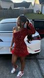 Pretty Sheath One Shoulder Burgundy Sequin Short Mini Feathers Formal 8th Grade Homecoming Dresses Summer Middle School Hoco Dress Homecoming Outfits HZ1214