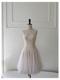 Cute A line Spaghetti Straps Champagne Sequin Short Homecoming Dress Summer Middle School Formal 8th Grade Hoco Dresses Summer Homecoming Outfits HZ1214