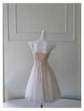 Cute A line Spaghetti Straps Champagne Sequin Short Homecoming Dress Summer Middle School Formal 8th Grade Hoco Dresses Summer Homecoming Outfits HZ1214