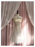 Cute A line Spaghetti Straps Champagne Sequin Short Homecoming Dress Summer Middle School Formal 8th Grade Hoco Dresses Summer Homecoming Outfits HZ1214