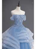 Pretty Ball Gown Off The Shoulder Blue Tulle Long Quinceanera Dress Formal Gowns Vestido De 15 Anos Sweet 16 Dress HZ1214