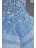 Pretty Ball Gown Off The Shoulder Blue Tulle Long Quinceanera Dress Formal Gowns Vestido De 15 Anos Sweet 16 Dress HZ1214