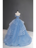 Pretty Ball Gown Off The Shoulder Blue Tulle Long Quinceanera Dress Formal Gowns Vestido De 15 Anos Sweet 16 Dress HZ1214
