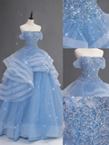 Pretty Ball Gown Off The Shoulder Blue Tulle Long Quinceanera Dress Formal Gowns Vestido De 15 Anos Sweet 16 Dress HZ1214