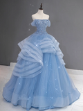 Pretty Ball Gown Off The Shoulder Blue Tulle Long Quinceanera Dress Formal Gowns Vestido De 15 Anos Sweet 16 Dress HZ1214