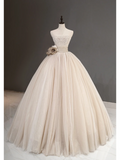 Unique Bridal Gown Ball Gown Strapless Champagne Tulle Long Wedding Dresses With Silver Beads Elegant Brides Gowns HZ1214
