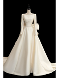 Timeless Bridal Gown Ball Gown Scoop Long Sleeves Satin Long Wedding Dresses Elegant Bridal Gowns HZ1214