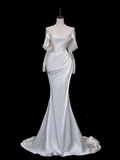 Pretty Bridal Gown Mermaid Off The Shoulder Satin Long Sleeves White Wedding Dresses Elegant Bridal Gowns Brides Dress HZ1214