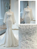 Timeless Bridal Gown Mermaid Square Neck Tulle Long Sleeves Wedding Dresses Elegant Bridal Gowns HZ1214