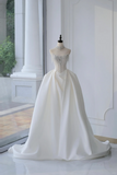 Timeless Bridal Gown Ball Gown Strapless Satin Silver Beads Sleeveless Long White Wedding Dresses Elegant Bridal Gowns HZ1214
