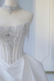 Timeless Bridal Gown Ball Gown Strapless Satin Silver Beads Sleeveless Long White Wedding Dresses Elegant Bridal Gowns HZ1214