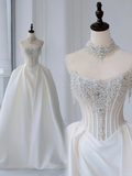 Timeless Bridal Gown Ball Gown Strapless Satin Silver Beads Sleeveless Long White Wedding Dresses Elegant Bridal Gowns HZ1214