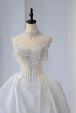 Timeless Bridal Gown Ball Gown Strapless Satin Silver Beads Sleeveless Long White Wedding Dresses Elegant Bridal Gowns HZ1214