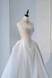 Timeless Bridal Gown Ball Gown Strapless Satin Silver Beads Sleeveless Long White Wedding Dresses Elegant Bridal Gowns HZ1214