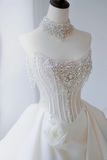 Timeless Bridal Gown Ball Gown Strapless Satin Silver Beads Sleeveless Long White Wedding Dresses Elegant Bridal Gowns HZ1214