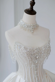 Timeless Bridal Gown Ball Gown Strapless Satin Silver Beads Sleeveless Long White Wedding Dresses Elegant Bridal Gowns HZ1214