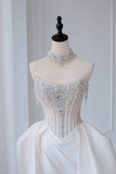 Timeless Bridal Gown Ball Gown Strapless Satin Silver Beads Sleeveless Long White Wedding Dresses Elegant Bridal Gowns HZ1214