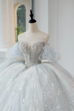 Timeless Bridal Gown Ball Gown Off The Shoulder Light Sky Blue Sequin Long White Wedding Dresses Elegant Bridal Gowns HZ1214