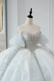 Timeless Bridal Gown Ball Gown Off The Shoulder Light Sky Blue Sequin Long White Wedding Dresses Elegant Bridal Gowns HZ1214