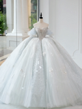 Timeless Bridal Gown Ball Gown Off The Shoulder Light Sky Blue Sequin Long White Wedding Dresses Elegant Bridal Gowns HZ1214