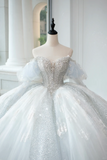 Timeless Bridal Gown Ball Gown Off The Shoulder Light Sky Blue Sequin Long White Wedding Dresses Elegant Bridal Gowns HZ1214
