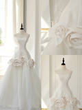 Timeless Bridal Gown Ball Gown Strapless Satin Flowers Sleeveless Long White Wedding Dresses Elegant Bridal Gowns HZ1214