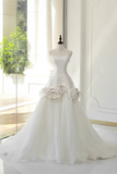 Timeless Bridal Gown Ball Gown Strapless Satin Flowers Sleeveless Long White Wedding Dresses Elegant Bridal Gowns HZ1214