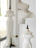 Timeless Bridal Gown Sheath Off The Shoulder Satin Short Sleeves Wedding Dresses Elegant Bridal Gowns HZ1214
