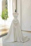 Timeless Bridal Gown Ball Gown Strapless Satin Pleated Sleeveless Long White Wedding Dresses Elegant Bridal Gowns HZ1214